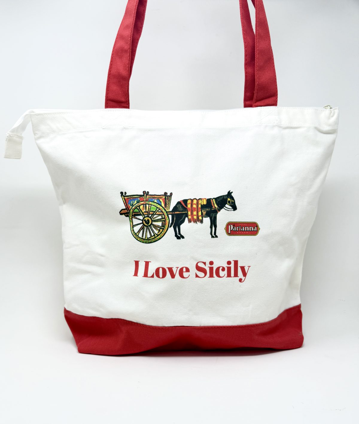 Partanna, "I Love Sicily" Canvas Tote Bag (Red/White with Zipper) - Image 1