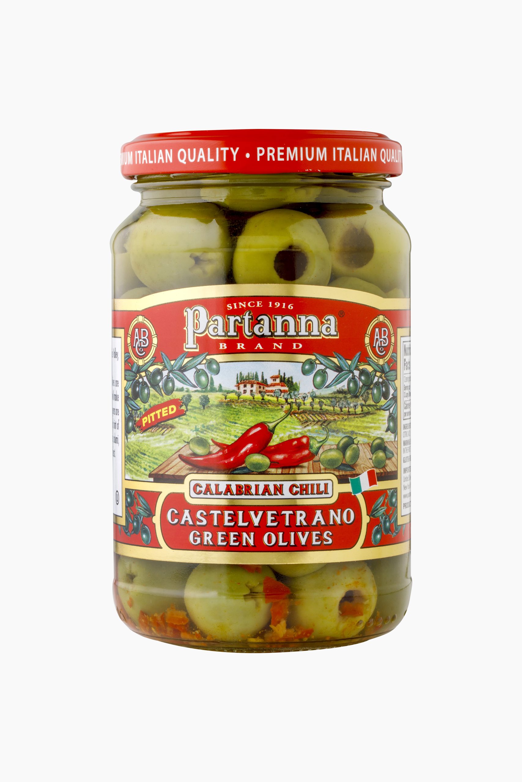 PITTED CALABRIAN CHILI jpeg Partanna, Calabrian Chilli Pitted Olives - 6.3 oz (180 g) - Image 1