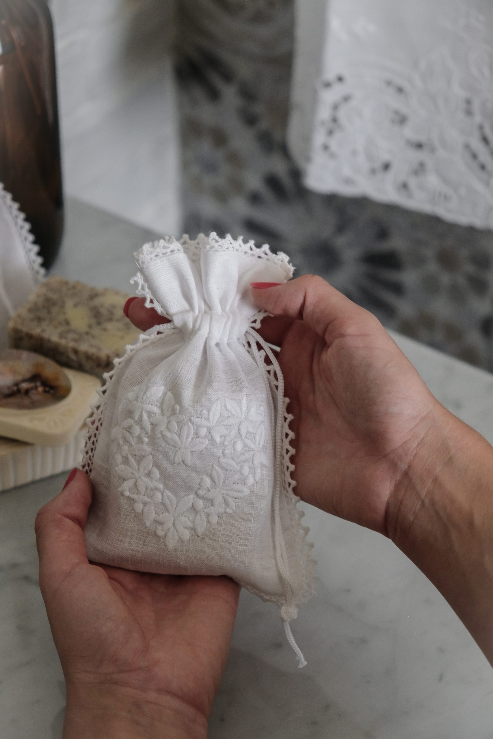 Olive Oil Soap & embroidered linen bag